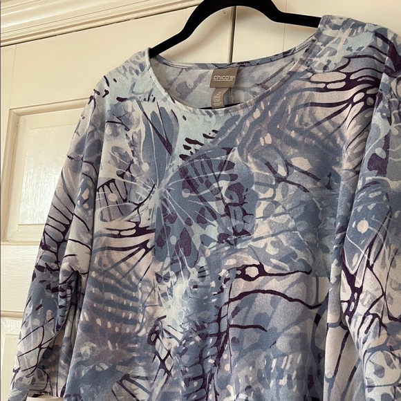 Chico's Size 2 Blue Purple Knit 3/4 Sleeve Boxy Abstract Blouse Chico Size Large - Picture 9 of 12
